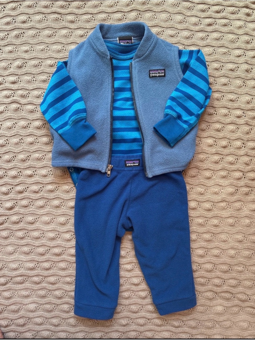 Patagonia Blue Striped Tee with Slate Fleece Vest and Navy Pants 3-6 months